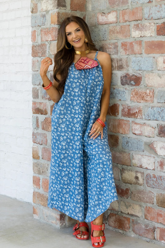 MANVEER-Blue and White Floral Spaghetti Strap Wide Leg Jumpsuit