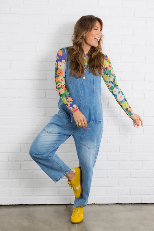 MANVEER-Denim Adjustable Strap Baggy Jumpsuit