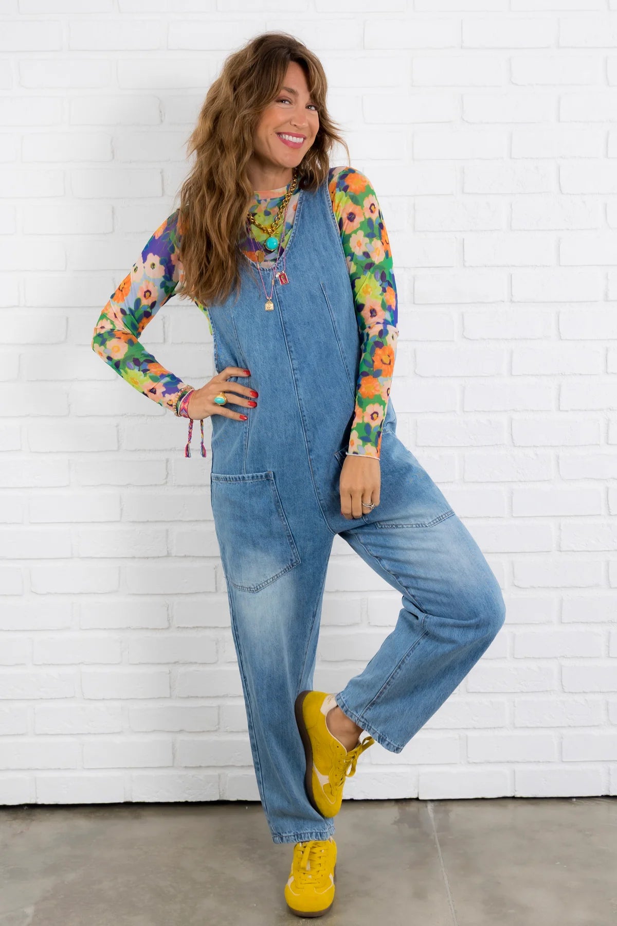 MANVEER-Denim Adjustable Strap Baggy Jumpsuit